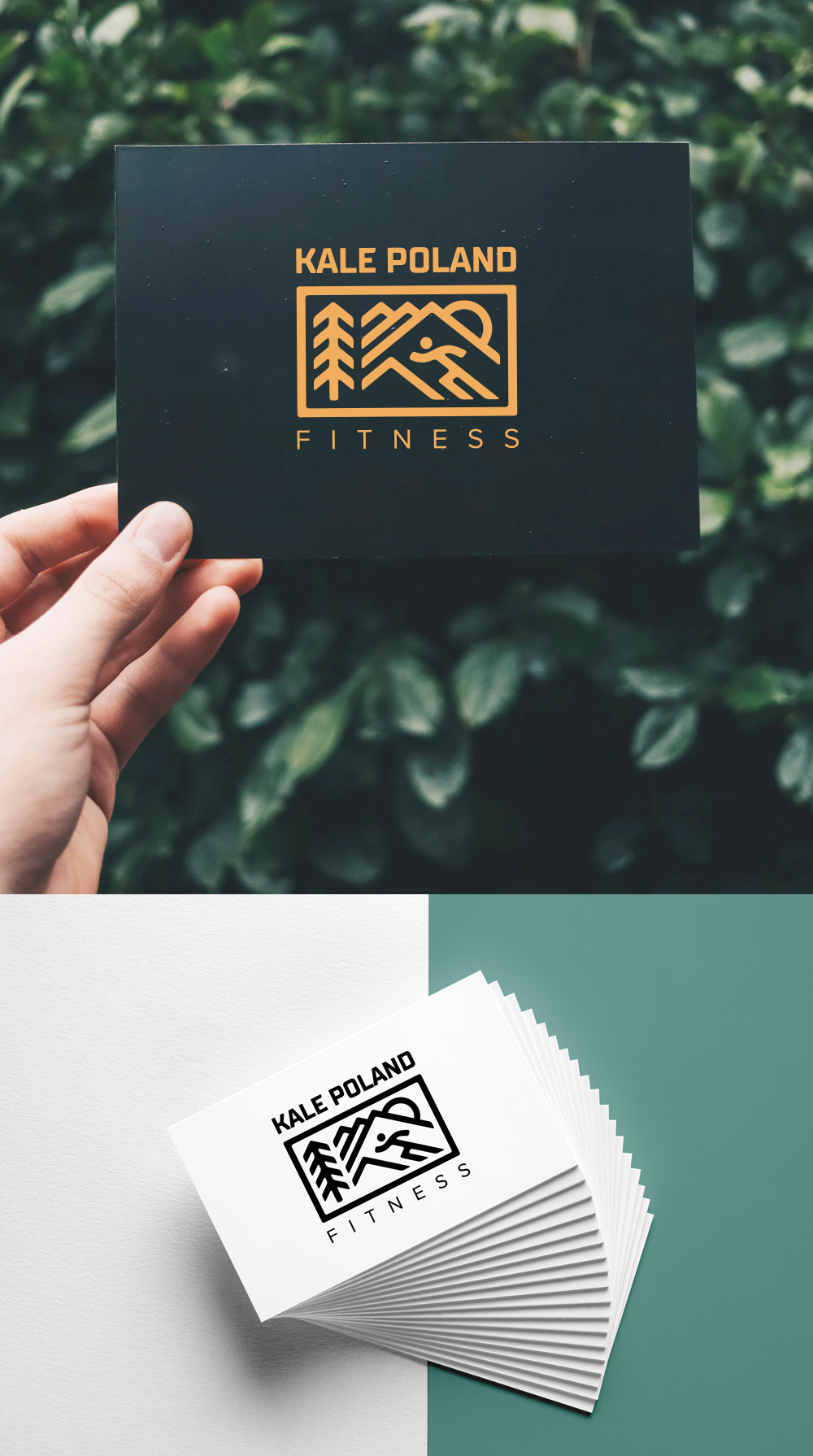 Business cards: gold logo on a black card held against greenery, and a stack of black-on-white cards