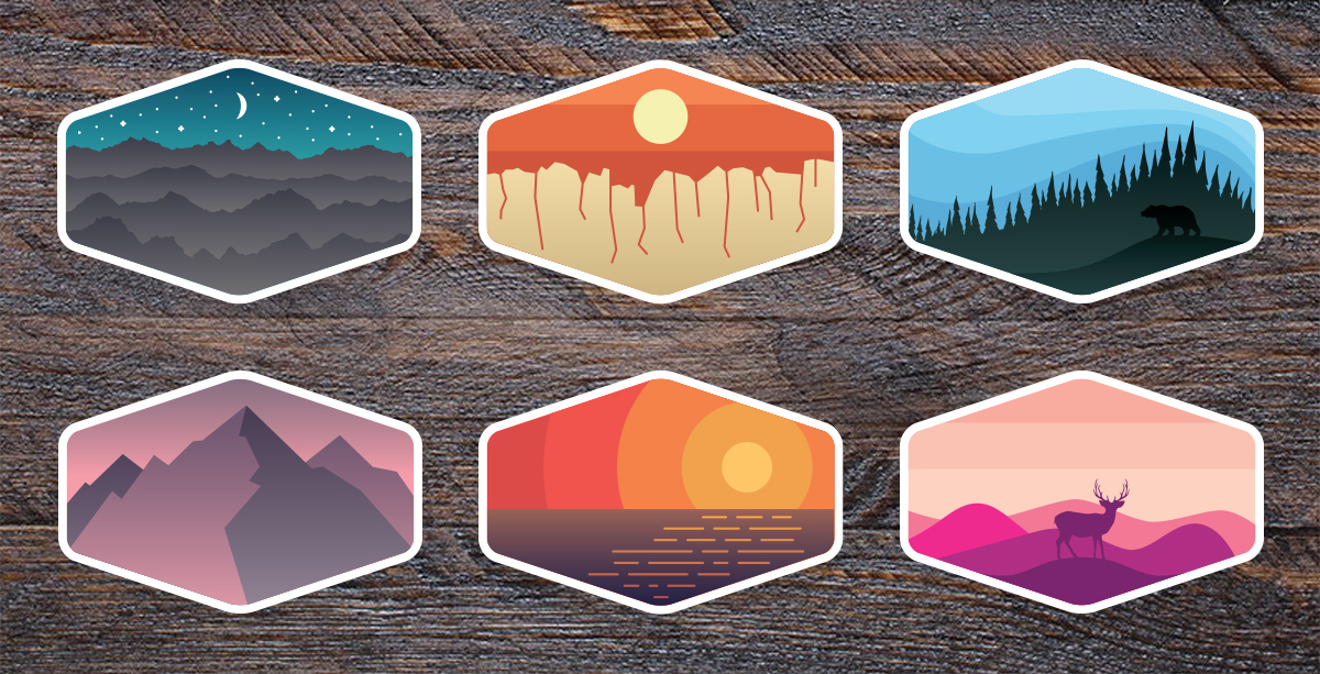 Six hexagon scene badges on dark wood: night mountains, desert canyon, forest bear, purple peaks, ocean sunset, and pink hills with a deer