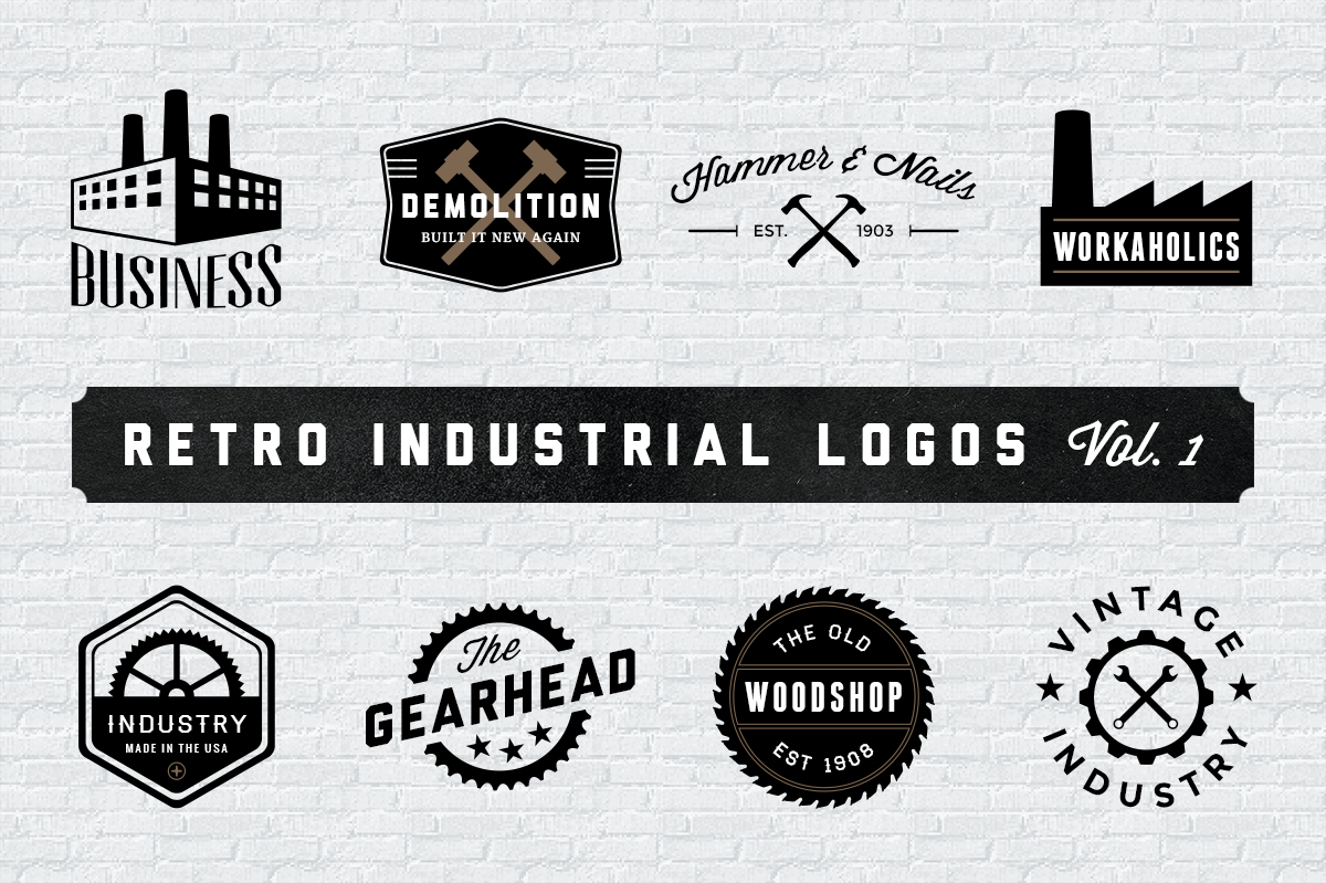 Eight black industrial logos on a painted brick wall, including factory, demolition, gear, and woodshop marks, labeled Retro Industrial Logos Vol. 1