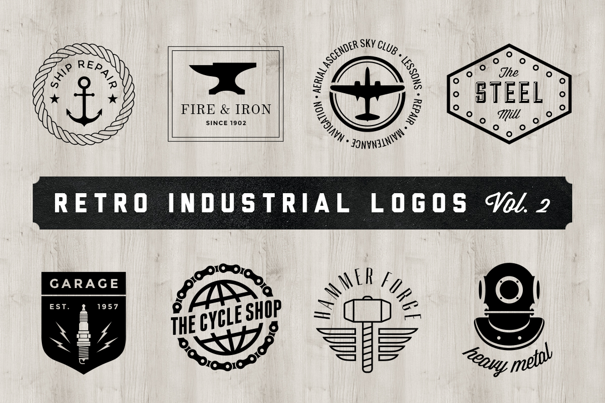 Eight black industrial logos on pale wood, including an anchor, anvil, propeller plane, spark-plug shield, and diving helmet, labeled Retro Industrial Logos Vol. 2