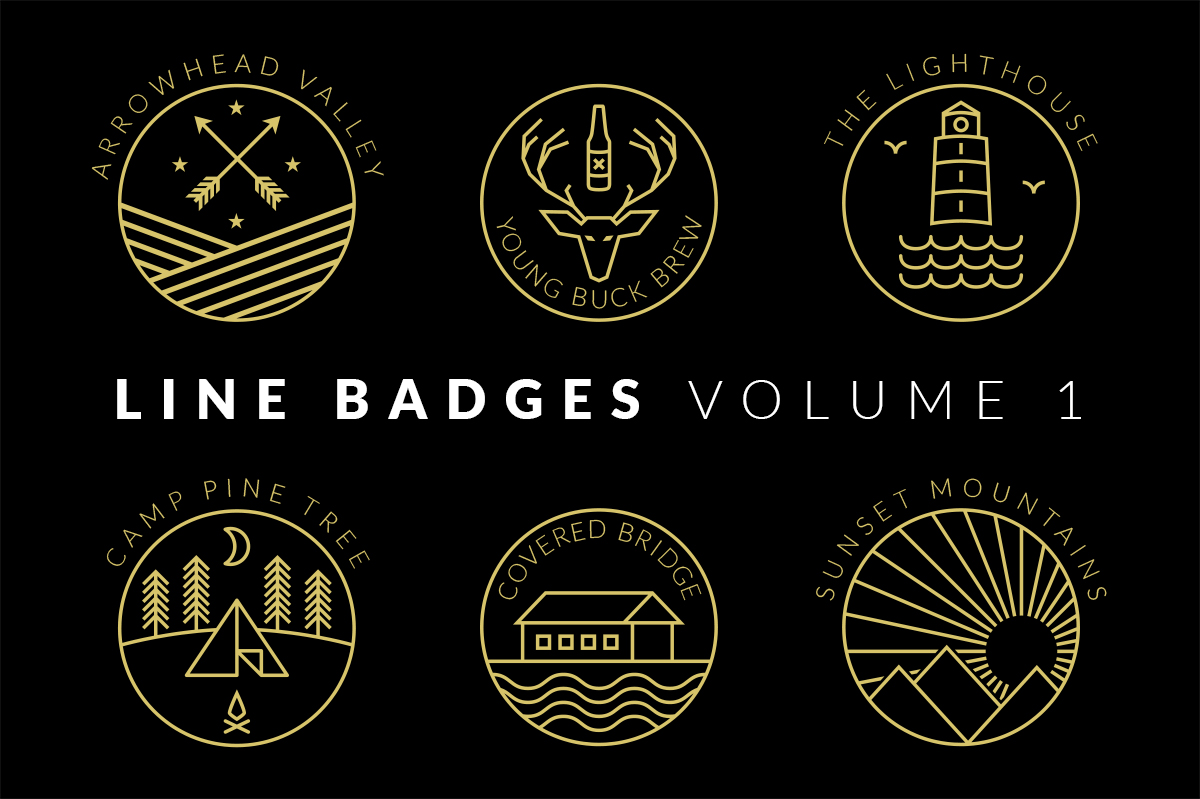 Six gold circular line badges on black: crossed arrows, a buck with a bottle, a lighthouse, a tent, a covered bridge, and a sunset over peaks