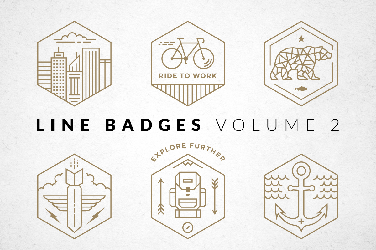 Six sepia hexagonal line badges on paper: a city skyline, a bicycle, a geometric bear, a winged bomb, a backpack, and an anchor