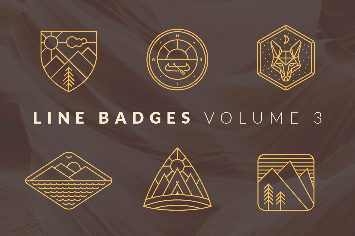 Six gold line badges on canyon rock: mountain shield, canoe compass, fox under stars, water diamond, tent triangle, and lined peaks