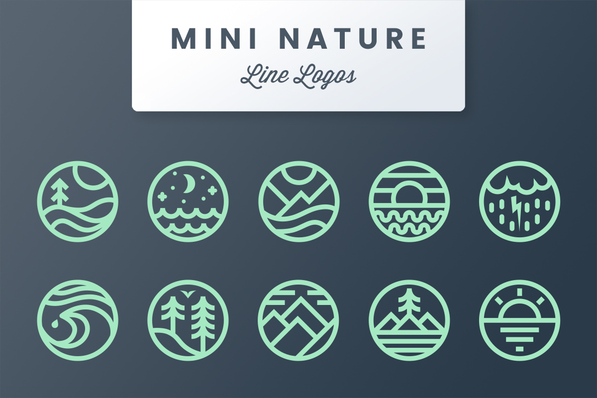 Ten mint circular line logos on navy: sun, moon, peaks, rain, a wave, pines, mountains, a lake, and a horizon
