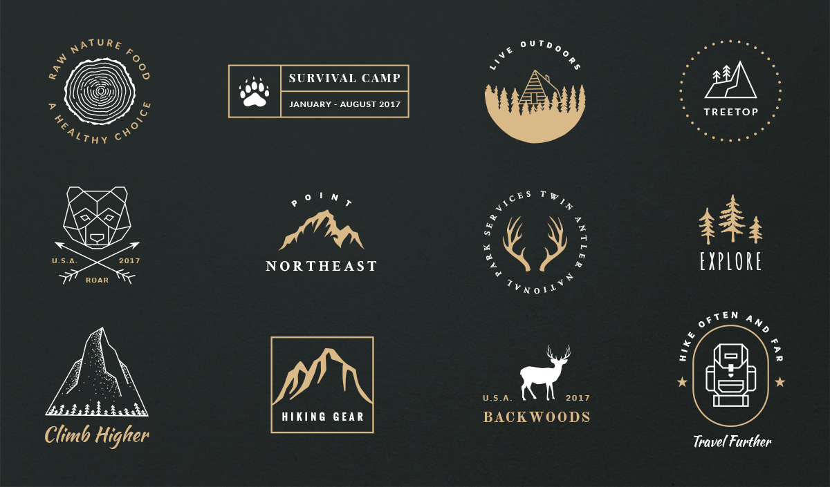 Twelve white and gold outdoor lockups on charcoal, including a tree-ring seal, bear mark, antler badge, and hiking pack