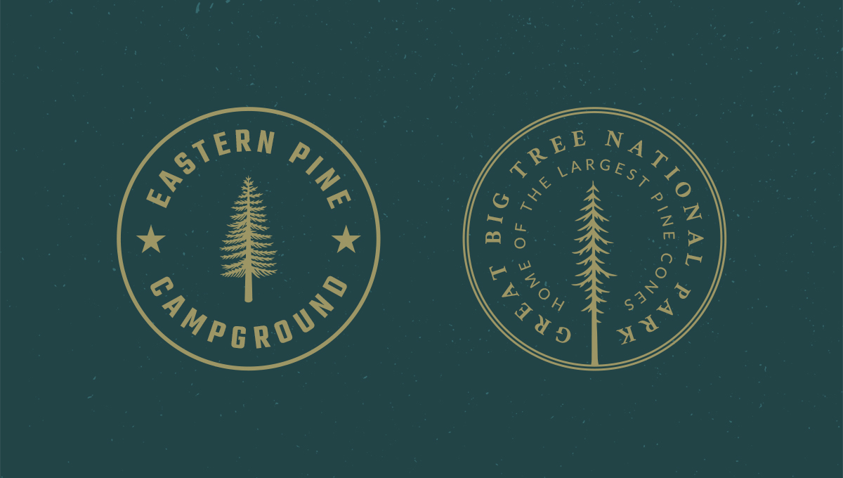 Two gold circular pine badges on forest green: Eastern Pine Campground and Great Big Tree National Park