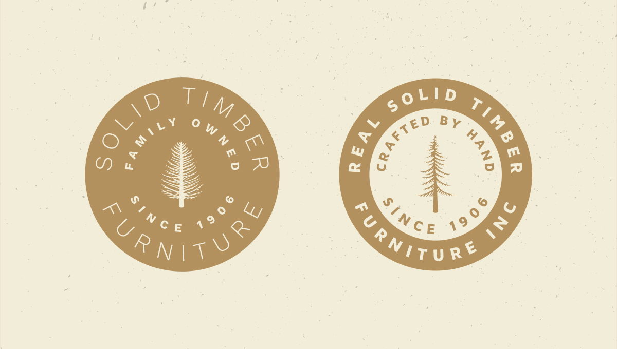 Two tan Solid Timber Furniture seals: a solid circle with a white pine, and a ring with a pine in the center