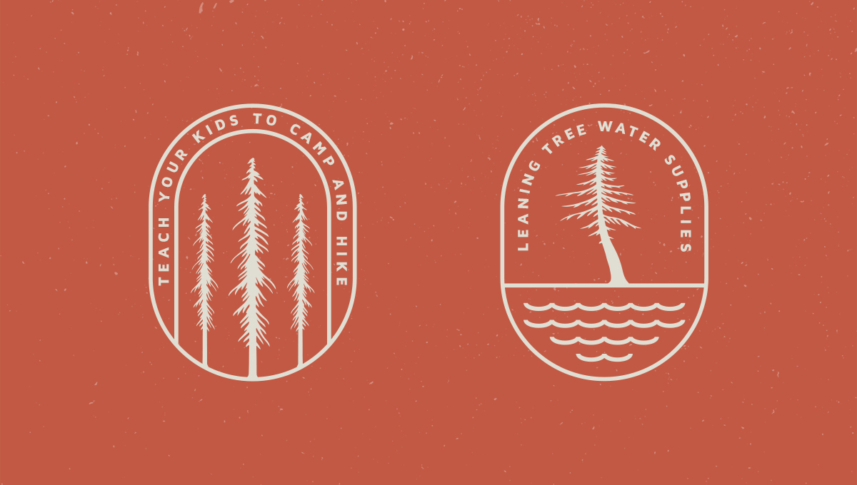 Two white stadium badges on terracotta: three pines for camp and hike, and a leaning pine over water lines
