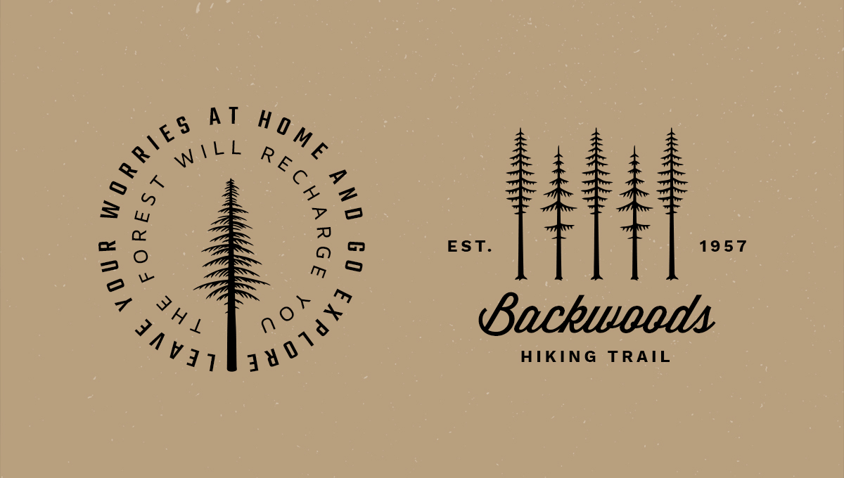 Two black pine marks on tan: a circular explore badge and a Backwoods Hiking Trail lockup with five trees