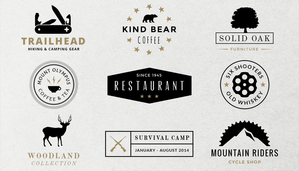 Nine black and gold vintage lockups: a multi-tool, a bear, an oak, a coffee cup, a revolver cylinder, a buck, crossed rifles, and a bicycle sprocket