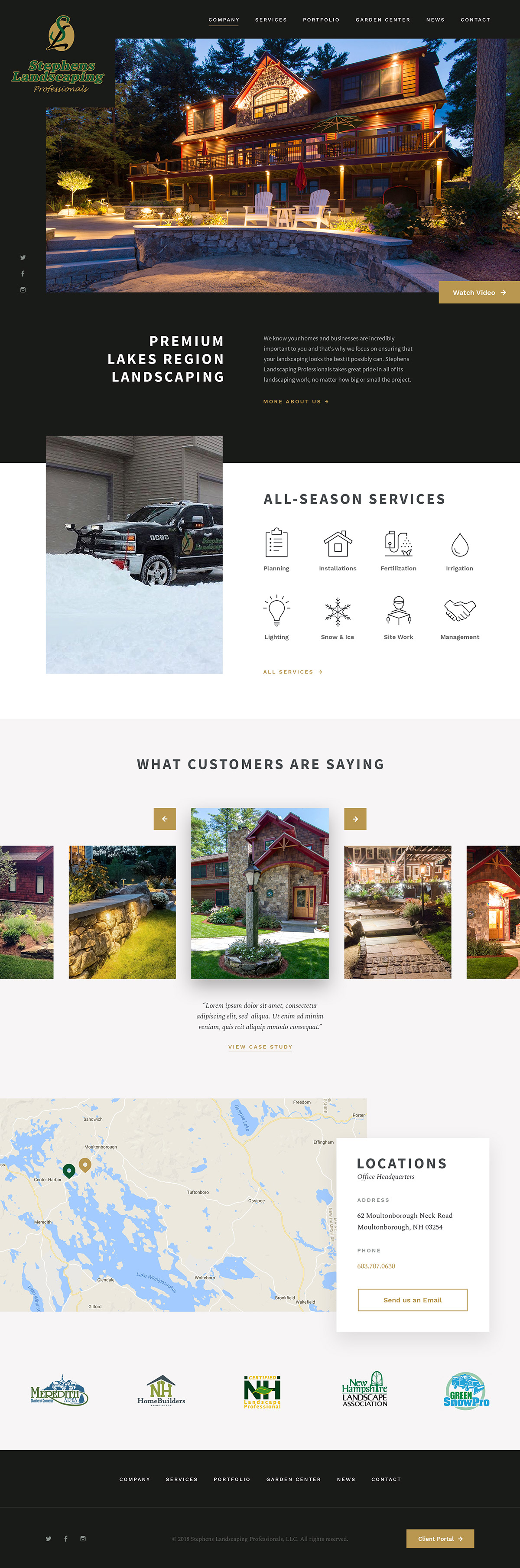 Home page: night-lit house hero, premium Lakes Region intro, all-season service icons, customer quotes, and a two-location map