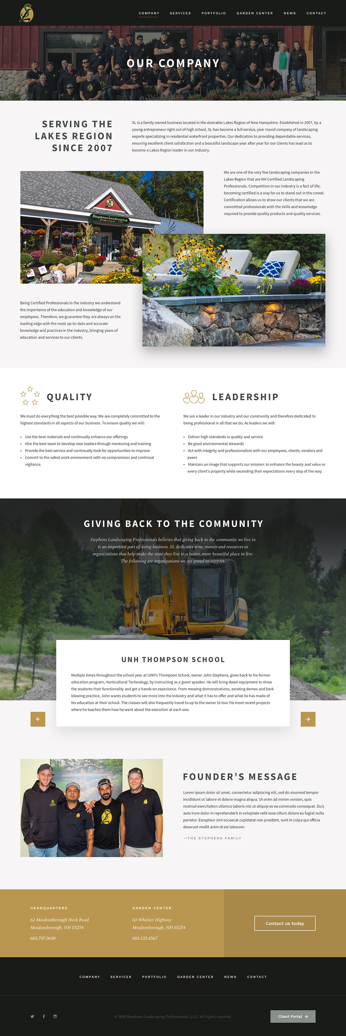 Our Company page: staff photo hero, overlapping storefront and patio photos, quality and leadership columns, and a founder message