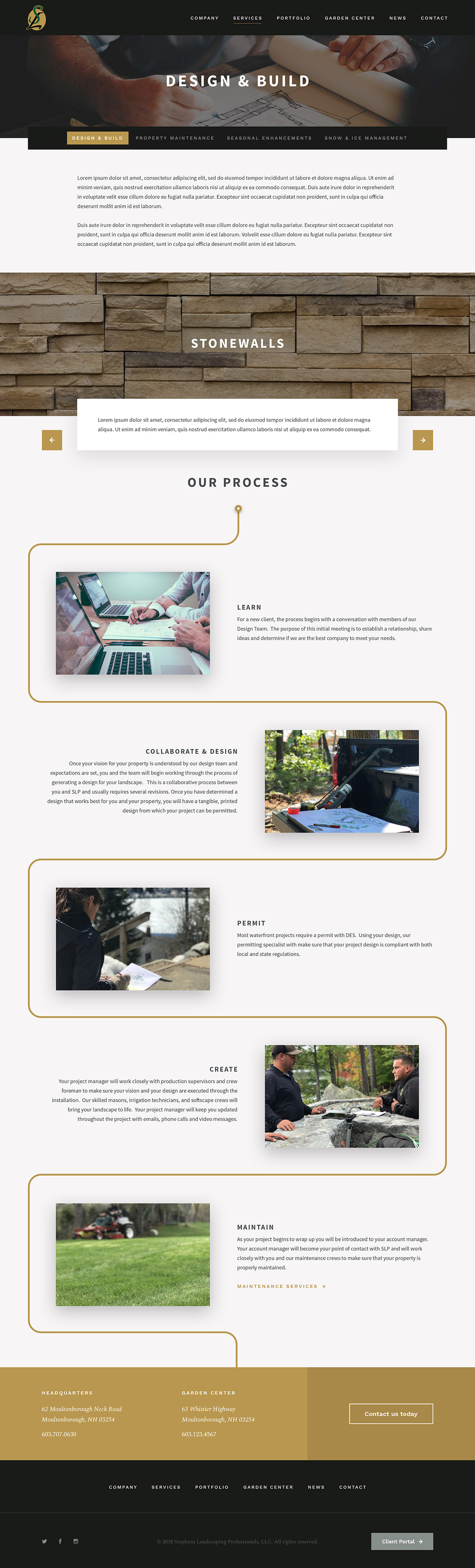 Design and Build page: plans-on-desk hero, stonewall feature, and a five-step process with project photos