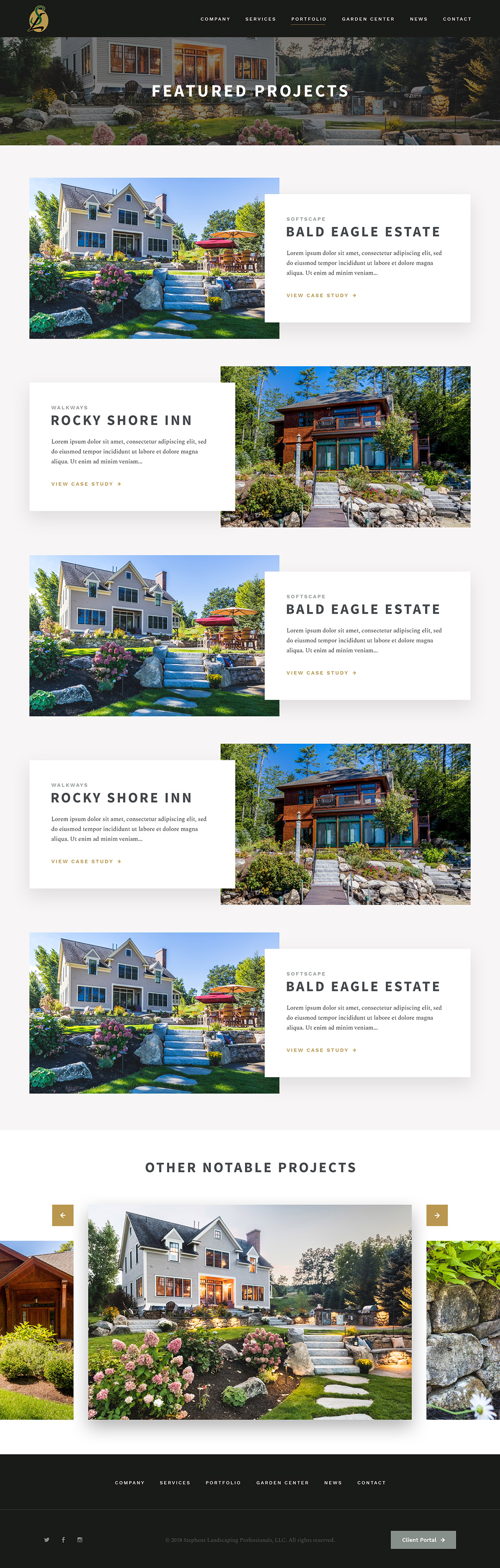 Featured Projects page: dusk house hero and overlapping project photos with titles such as Bald Eagle Estate