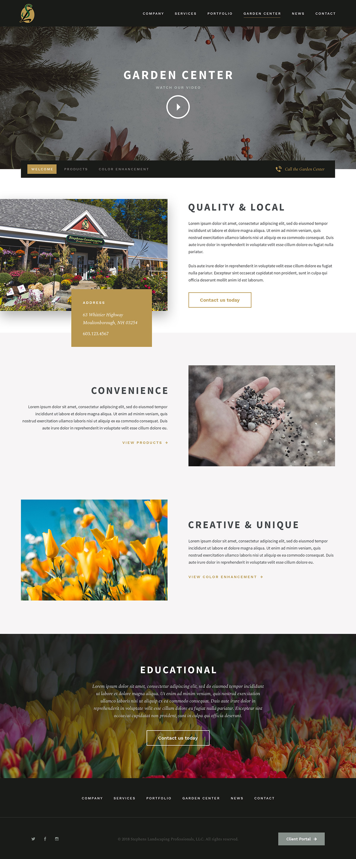 Garden Center page: pine-and-berries hero, storefront and flower photos, and a tulip color band