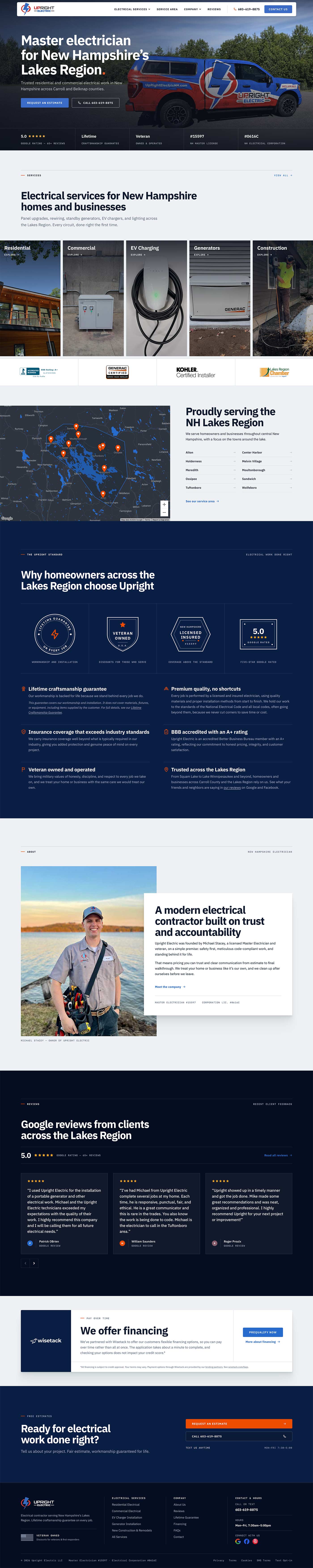 Home page: service-truck hero, five service photos, a Lakes Region map, trust points, a founder portrait, Google reviews, and a financing band